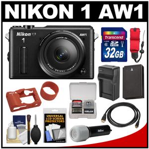 Nikon 1 AW1 Shock & Waterproof Digital Camera Body with AW 11-27.5mm Lens (Black) with 32GB Card + Silicone Case + Battery & Charger + LED Torch + Kit