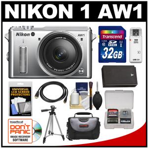 Nikon 1 AW1 Shock & Waterproof Digital Camera Body with AW 11-27.5mm Lens (Silver) with 32GB Card + Case + Battery + Tripod Kit