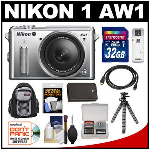 Nikon 1 AW1 Shock & Waterproof Digital Camera Body with AW 11-27.5mm Lens (Silver) with 32GB Card + Sling Backpack + Battery + Flex Tripod Kit