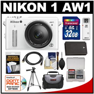 Nikon 1 AW1 Shock & Waterproof Digital Camera Body with AW 11-27.5mm Lens (White) with 32GB Card + Case + Battery + Tripod Kit