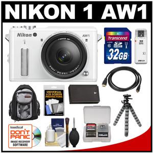 Nikon 1 AW1 Shock & Waterproof Digital Camera Body with AW 11-27.5mm Lens (White) with 32GB Card + Sling Backpack + Battery + Flex Tripod Kit