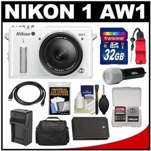 Nikon 1 AW1 Shock & Waterproof Digital Camera Body with AW 11-27.5mm Lens (White) with 32GB Card + Case + Battery & Charger + LED Torch + Kit
