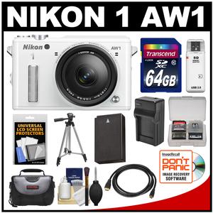 Nikon 1 AW1 Shock & Waterproof Digital Camera Body with AW 11-27.5mm Lens (White) with 64GB Card + Case + Battery & Charger + Tripod + Accessory Kit