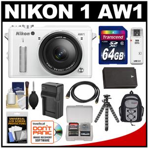 Nikon 1 AW1 Shock & Waterproof Digital Camera Body with AW 11-27.5mm Lens (White) with 64GB Card + Sling Backpack + Battery & Charger + Flex Tripod + Accessory Kit