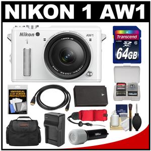 Nikon 1 AW1 Shock & Waterproof Digital Camera Body with AW 11-27.5mm Lens (White) with 64GB Card + Case + Battery & Charger + Strap + LED Torch Kit