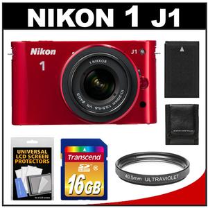 Nikon 1 J1 Digital Camera Body with 10-30mm VR Lens (Red) - Refurbished with 16GB Card + Battery + Filter + Accessory Kit - Digital Cameras and Accessories - Hip Lens.com
