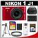 Nikon 1 J1 Digital Camera Body with 10-30mm VR Lens (Red) - Factory Refurbished with 16GB Card + Case + Battery + Filter + Tripod + Accessory Kit