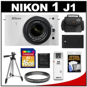 Nikon 1 J1 Digital Camera Body with 10-30mm VR Lens (White) - Refurbished with 16GB Card + Case + Battery + Filter + Tripod + Accessory Kit - Digital Cameras and Accessories - Hip Lens.com