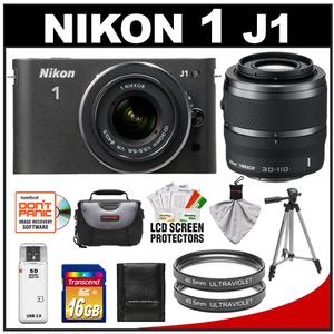 Nikon 1 J1 Digital Camera Body with 10-30mm & 30-110mm VR Lens (Black) with 16GB Card + Case + (2) UV Filters + Tripod + Accessory Kit - Digital Cameras and Accessories - Hip Lens.com