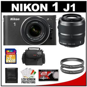 Nikon 1 J1 Digital Camera Body with 10-30mm & 30-110mm VR Lens (Black) with 32GB Card + Case + (2) UV Filters + Accessory Kit - Digital Cameras and Accessories - Hip Lens.com