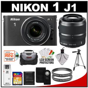 Nikon 1 J1 Digital Camera Body with 10-30mm & 30-110mm VR Lens (Black) with 32GB Card + Case + (2) UV Filters + Tripod + Wireless Remote + Accessory Kit - Digital Cameras and Accessories - Hip Lens.com