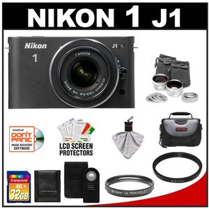 Nikon 1 J1 Digital Camera Body with 10-30mm VR Lens (Black) with 32GB Card + Case + UV Filter + Lens Set + Wireless Remote + Accessory Kit - Digital Cameras and Accessories - Hip Lens.com
