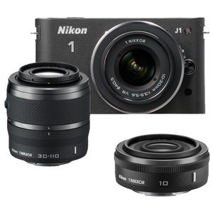 Nikon 1 J1 Digital Camera Body with 10-30mm VR Lens (Black) with 30-110mm & 10mm f/2.8 Nikkor Lenses + Cleaning Kit - Digital Cameras and Accessories - Hip Lens.com