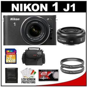 Nikon 1 J1 Digital Camera Body with 10mm f/2.8 & 10-30mm VR Lens (Black) with 32GB Card + Case + (2) UV Filters + Accessory Kit - Digital Cameras and Accessories - Hip Lens.com