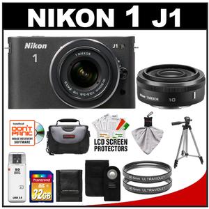 Nikon 1 J1 Digital Camera Body with 10mm f/2.8 & 10-30mm VR Lens (Black) with 32GB Card + Case + (2) UV Filters + Tripod + Wireless Remote + Accessory Kit - Digital Cameras and Accessories - Hip Lens.com