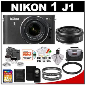 Nikon 1 J1 Digital Camera Body with 10mm f/2.8 & 10-30mm VR Lens (Black) with 32GB Card + Case + (2) UV Filters + Lens Set + Wireless Remote + Accessory Kit - Digital Cameras and Accessories - Hip Lens.com