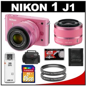 Nikon 1 J1 Digital Camera Body with 10-30mm & 30-110mm VR Lens (Pink) with 16GB Card + Case + (2) UV Filters + Accessory Kit - Digital Cameras and Accessories - Hip Lens.com
