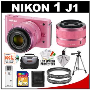 Nikon 1 J1 Digital Camera Body with 10-30mm & 30-110mm VR Lens (Pink) with 16GB Card + Case + (2) UV Filters + Tripod + Accessory Kit - Digital Cameras and Accessories - Hip Lens.com