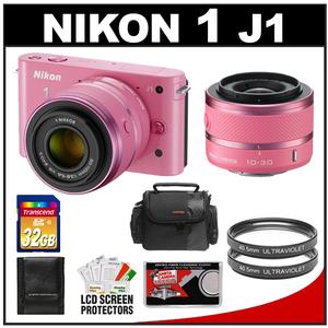 Nikon 1 J1 Digital Camera Body with 10-30mm & 30-110mm VR Lens (Pink) with 32GB Card + Case + (2) UV Filters + Accessory Kit - Digital Cameras and Accessories - Hip Lens.com
