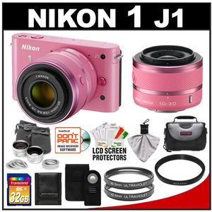 Nikon 1 J1 Digital Camera Body with 10-30mm & 30-110mm VR Lens (Pink) with 32GB Card + Case + (2) UV Filters + Lens Set + Wireless Remote + Accessory Kit - Digital Cameras and Accessories - Hip Lens.com