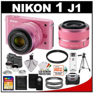 Nikon 1 J1 Digital Camera Body with 10-30mm & 30-110mm VR Lens (Pink) with 32GB Card + Case + (2) UV Filters + Lens Set + Tripod + Remote + Accessory Kit - Digital Cameras and Accessories - Hip Lens.com