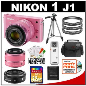 Nikon 1 J1 Digital Camera Body with 10-30mm & 30-110mm VR Lens (Pink) with 10mm f/2.8 Lens + 32GB Card + Case + Filters + Tripod + Accessory Kit - Digital Cameras and Accessories - Hip Lens.com