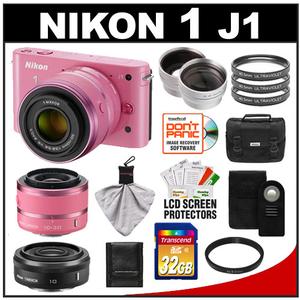 Nikon 1 J1 Digital Camera Body with 10-30mm & 30-110mm VR Lens (Pink) with 10mm f/2.8 Lens + 32GB Card + Case + Filters + Remote + Telephoto & Wide Lens Kit - Digital Cameras and Accessories - Hip Lens.com
