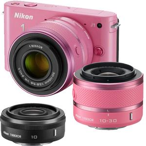 Nikon 1 J1 Digital Camera Body with 10-30mm & 30-110mm VR Lens (Pink) with 10mm f/2.8 Nikkor Lens + Cleaning Kit - Digital Cameras and Accessories - Hip Lens.com