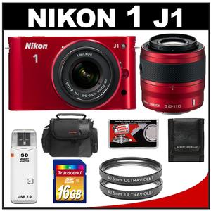 Nikon 1 J1 Digital Camera Body with 10-30mm & 30-110mm VR Lens (Red) with 16GB Card + Case + (2) UV Filters + Accessory Kit - Digital Cameras and Accessories - Hip Lens.com