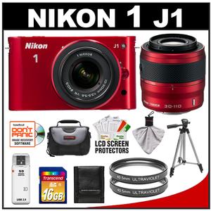 Nikon 1 J1 Digital Camera Body with 10-30mm & 30-110mm VR Lens (Red) with 16GB Card + Case + (2) UV Filters + Tripod + Accessory Kit - Digital Cameras and Accessories - Hip Lens.com