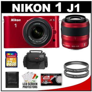 Nikon 1 J1 Digital Camera Body with 10-30mm & 30-110mm VR Lens (Red) with 32GB Card + Case + (2) UV Filters + Accessory Kit - Digital Cameras and Accessories - Hip Lens.com