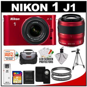 Nikon 1 J1 Digital Camera Body with 10-30mm & 30-110mm VR Lens (Red) with 32GB Card + Case + (2) UV Filters + Tripod + Wireless Remote + Accessory Kit - Digital Cameras and Accessories - Hip Lens.com