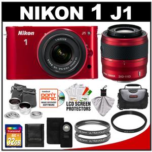 Nikon 1 J1 Digital Camera Body with 10-30mm & 30-110mm VR Lens (Red) with 32GB Card + Case + (2) UV Filters + Lens Set + Wireless Remote + Accessory Kit - Digital Cameras and Accessories - Hip Lens.com