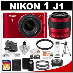 Nikon 1 J1 Digital Camera Body with 10-30mm & 30-110mm VR Lens (Red) with 32GB Card + Case + (2) UV Filters + Lens Set + Tripod + Remote + Accessory Kit - Digital Cameras and Accessories - Hip Lens.com