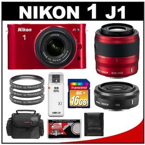 Nikon 1 J1 Digital Camera Body with 10-30mm & 30-110mm VR Lens (Red) with 10mm f/2.8 Lens + 16GB Card + Case + Filters + Accessory Kit - Digital Cameras and Accessories - Hip Lens.com