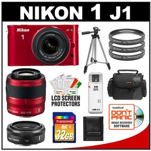 Nikon 1 J1 Digital Camera Body with 10-30mm & 30-110mm VR Lens (Red) with 10mm f/2.8 Lens + 32GB Card + Case + Filters + Tripod + Accessory Kit - Digital Cameras and Accessories - Hip Lens.com