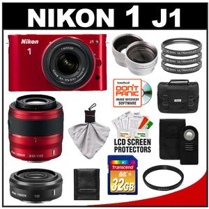 Nikon 1 J1 Digital Camera Body with 10-30mm & 30-110mm VR Lens (Red) with 10mm f/2.8 Lens + 32GB Card + Case + Filters + Remote + Telephoto & Wide Lens Kit - Digital Cameras and Accessories - Hip Lens.com