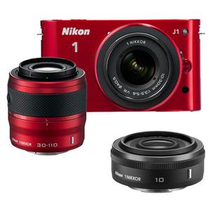 Nikon 1 J1 Digital Camera Body with 10-30mm & 30-110mm VR Lens (Red) with 10mm f/2.8 Nikkor Lens + Cleaning Kit - Digital Cameras and Accessories - Hip Lens.com