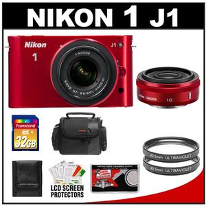 Nikon 1 J1 Digital Camera Body with 10mm f/2.8 & 10-30mm VR Lens (Red) with 32GB Card + Case + (2) UV Filters + Accessory Kit - Digital Cameras and Accessories - Hip Lens.com