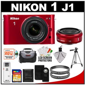 Nikon 1 J1 Digital Camera Body with 10mm f/2.8 & 10-30mm VR Lens (Red) with 32GB Card + Case + (2) UV Filters + Tripod + Wireless Remote + Accessory Kit - Digital Cameras and Accessories - Hip Lens.com