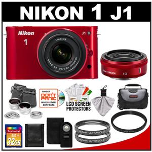 Nikon 1 J1 Digital Camera Body with 10mm f/2.8 & 10-30mm VR Lens (Red) with 32GB Card + Case + (2) UV Filters + Lens Set + Wireless Remote + Accessory Kit - Digital Cameras and Accessories - Hip Lens.com