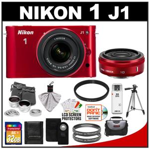 Nikon 1 J1 Digital Camera Body with 10mm f/2.8 & 10-30mm VR Lens (Red) with 32GB Card + Case + (2) UV Filters + Lens Set + Tripod + Remote + Accessory Kit - Digital Cameras and Accessories - Hip Lens.com