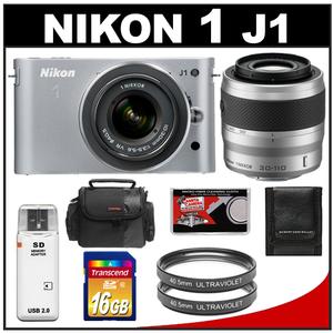 Nikon 1 J1 Digital Camera Body with 10-30mm & 30-110mm VR Lens (Silver) with 16GB Card + Case + (2) UV Filters + Accessory Kit - Digital Cameras and Accessories - Hip Lens.com