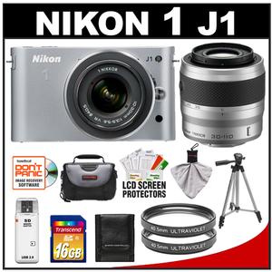 Nikon 1 J1 Digital Camera Body with 10-30mm & 30-110mm VR Lens (Silver) with 16GB Card + Case + (2) UV Filters + Tripod + Accessory Kit - Digital Cameras and Accessories - Hip Lens.com