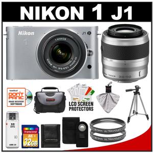 Nikon 1 J1 Digital Camera Body with 10-30mm & 30-110mm VR Lens (Silver) with 32GB Card + Case + (2) UV Filters + Tripod + Wireless Remote + Accessory Kit - Digital Cameras and Accessories - Hip Lens.com
