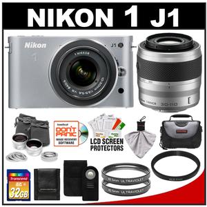 Nikon 1 J1 Digital Camera Body with 10-30mm & 30-110mm VR Lens (Silver) with 32GB Card + Case + (2) UV Filters + Lens Set + Wireless Remote + Accessory Kit - Digital Cameras and Accessories - Hip Lens.com