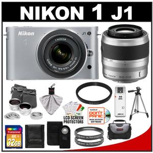 Nikon 1 J1 Digital Camera Body with 10-30mm & 30-110mm VR Lens (Silver) with 32GB Card + Case + (2) UV Filters + Lens Set + Tripod + Remote + Accessory Kit - Digital Cameras and Accessories - Hip Lens.com