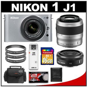 Nikon 1 J1 Digital Camera Body with 10-30mm & 30-110mm VR Lens (Silver) with 10mm f/2.8 Lens + 16GB Card + Case + Filters + Accessory Kit - Digital Cameras and Accessories - Hip Lens.com