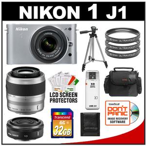 Nikon 1 J1 Digital Camera Body with 10-30mm & 30-110mm VR Lens (Silver) with 10mm f/2.8 Lens + 32GB Card + Case + Filters + Tripod + Accessory Kit - Digital Cameras and Accessories - Hip Lens.com