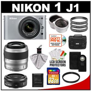 Nikon 1 J1 Digital Camera Body with 10-30mm & 30-110mm VR Lens (Silver) with 10mm f/2.8 Lens + 32GB Card + Case + Filters + Remote + Telephoto & Wide Lens Kit - Digital Cameras and Accessories - Hip Lens.com